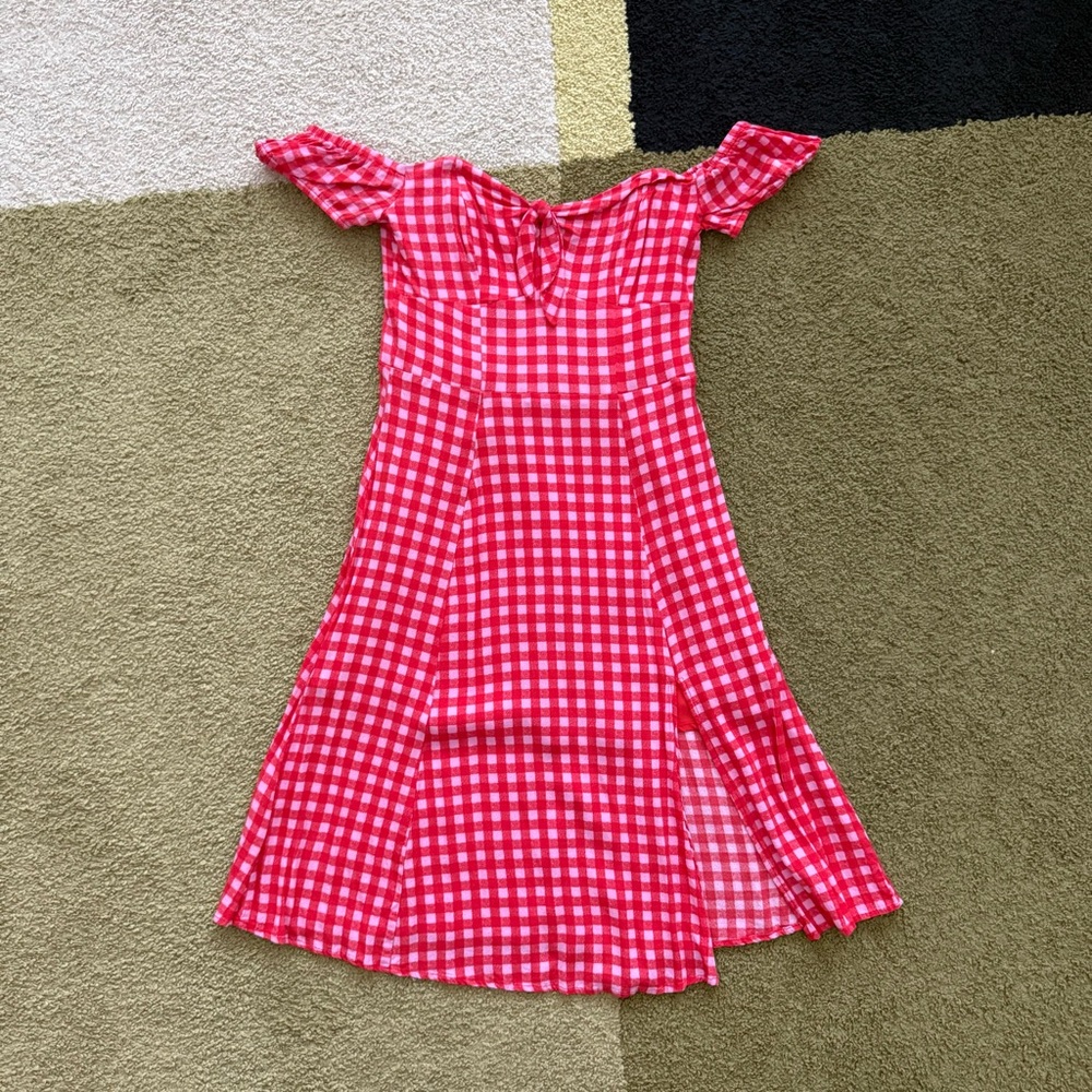 MACYS Red Pink Gingham/Checkered Off the Shoulder Midi Dress